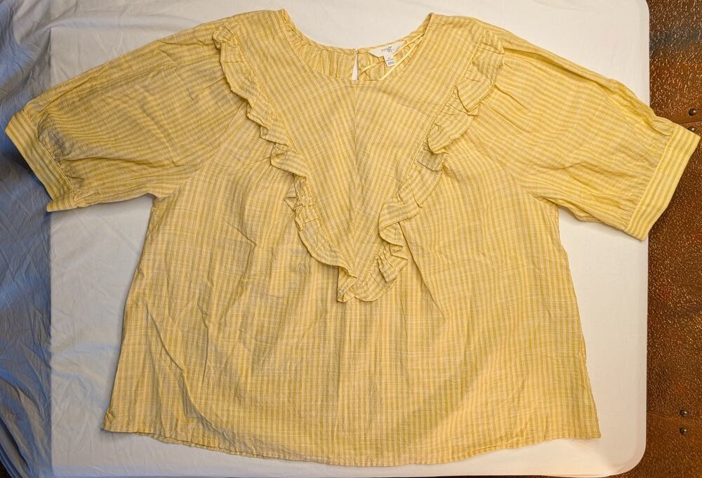 Boho Western 100% Cotton Blouse Shirt Top 1X Yellow Shadow Stripe Cottage Ruffle